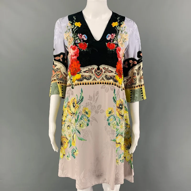 ETRO Size 2 Multi-Color Viscose Silk Floral 3/4 Sleeves Dress