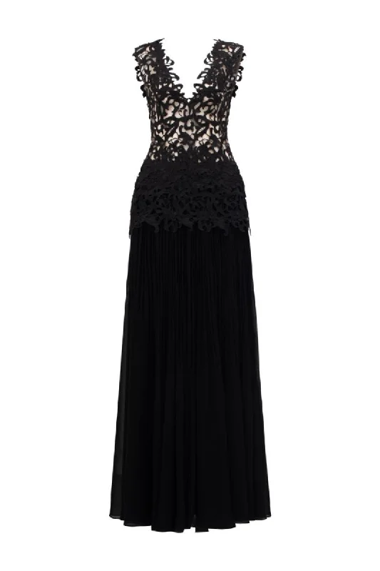 GABRIELLA BLACK FLORAL LACE MIXED CHIFFON DRESS