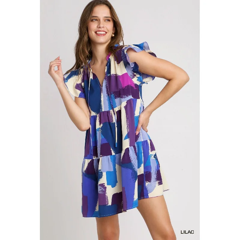 Lilac Abstract Print Flutter Sleeve Shift Dress