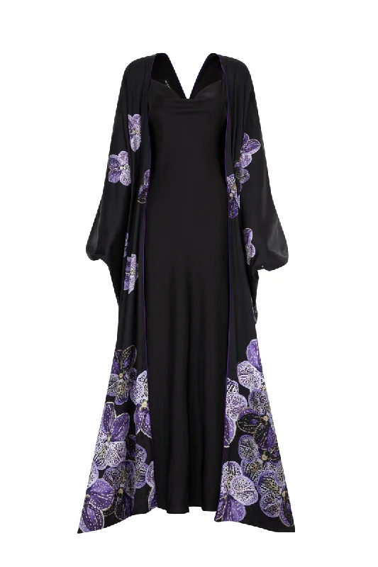 LONG PURPLE FLORAL CAPE AND BLACK STRAP DRESS