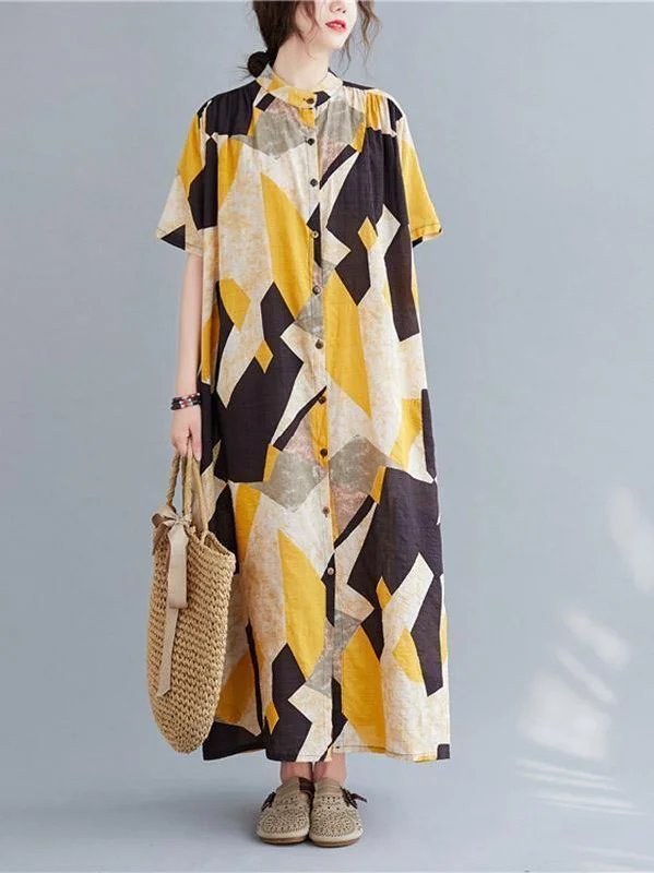 Printed Stand Collar Long Dress