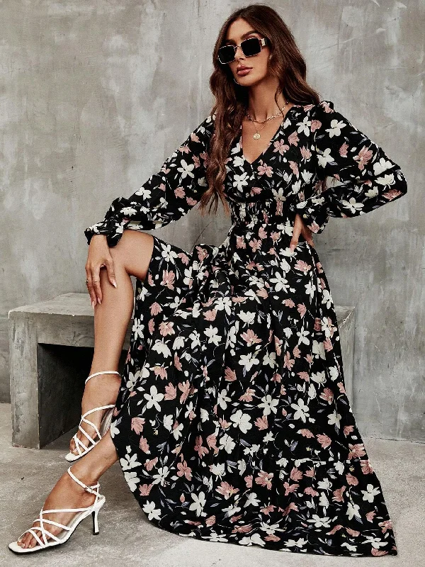 SHEIN Frenchy Floral Print Flounce Sleeve Ruffle Hem Dress