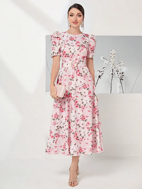 SHEIN Modely Allover Floral Print Puff Sleeve Belted Dress