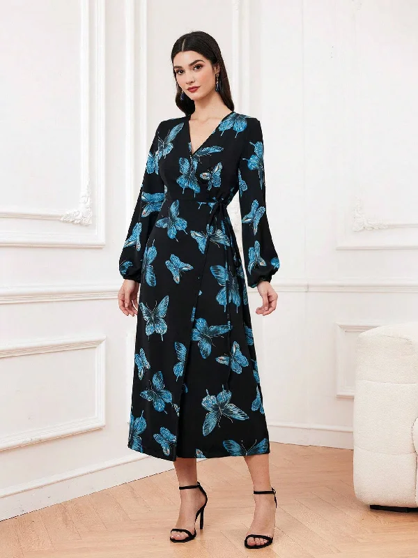 SHEIN Modely Women's Butterfly Print Lantern Sleeve Wrap Tie Dress