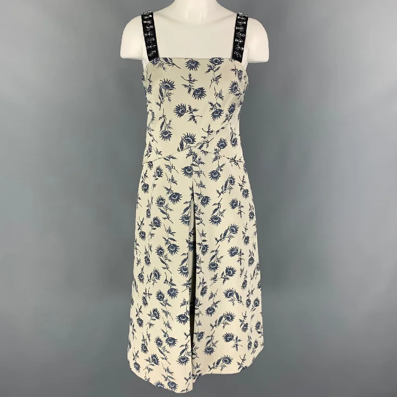 TORY BURCH Size 8 Grey Blue Linen Polyester Floral A-Line Mid-Calf Dress