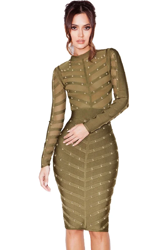 Army Green Studded Mesh Bandage Dress