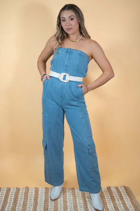 Broadway Babe Strapless Denim Jumpsuit