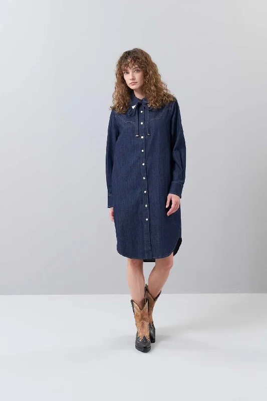 Denim Dress with Collar Tie Detail Navy Blue