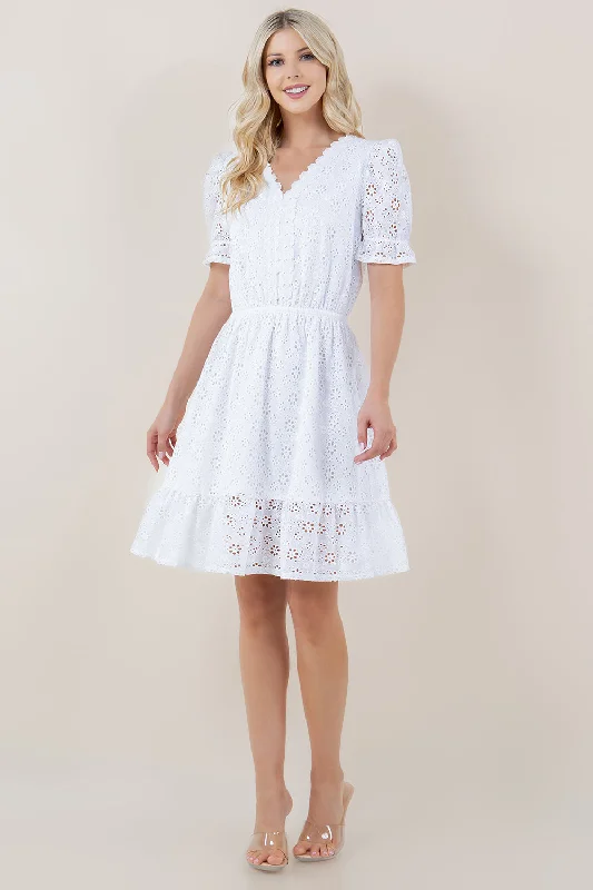 ELBW BUBBLE SLV ELASTIC WB TIER DRESS - D3090-EYELET