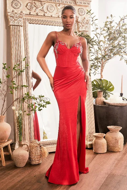 Fitted Beaded Sleeveless Corset Slit Gown by Ladivine OC021