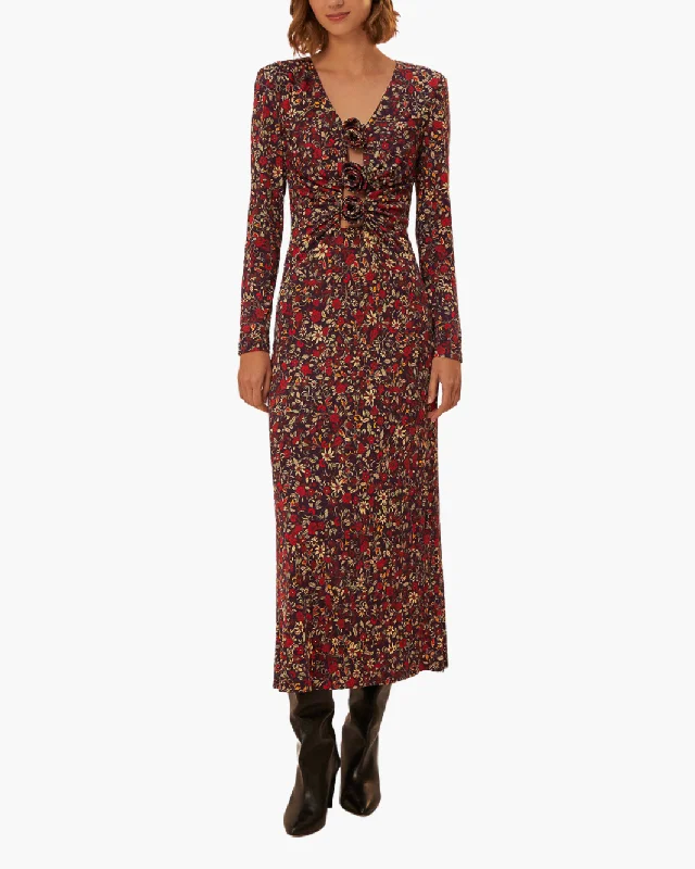 FLOWERS DEEP NECKLINE DRESS IN CHELSEA GARDEN PURPLE