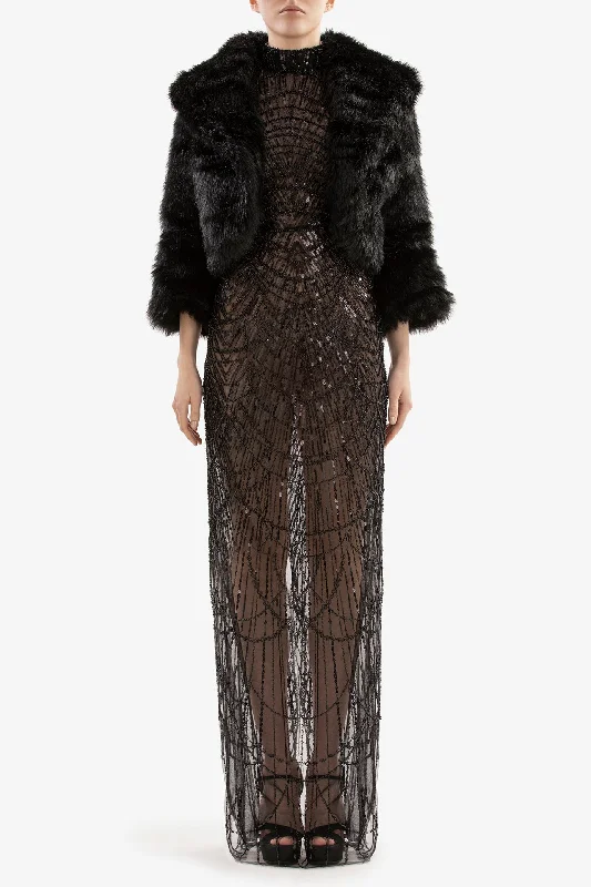 Fully beaded fitted dress with fur jacket