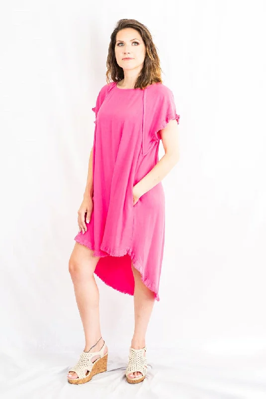 High-Low Fringe Hem Linen Dress with Pockets by Umgee Clothing