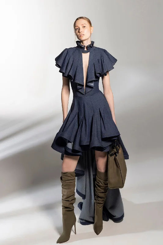 High-low pleated denim dress