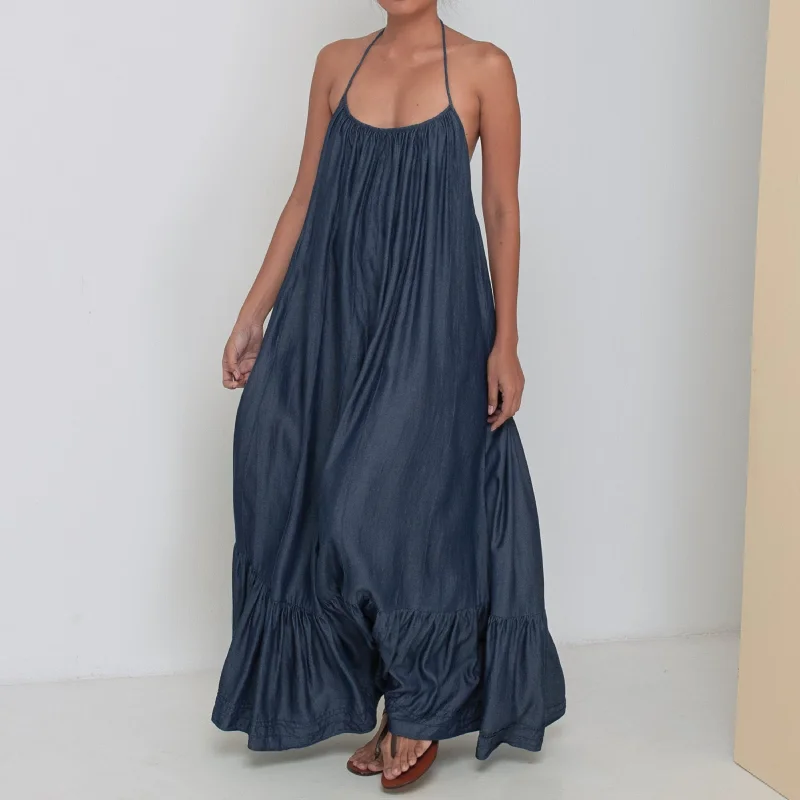 LONG BACKLESS RUFFLED DRESS - Tencel Denim | Blue