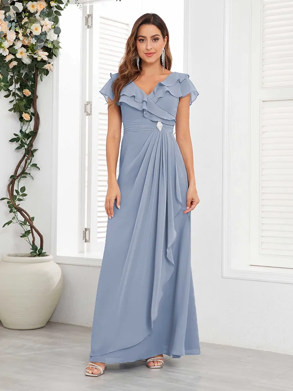 Meadow Elegant V Neck Pleated Beaded Floor Length Chiffon Mother Of The Bride Dresses