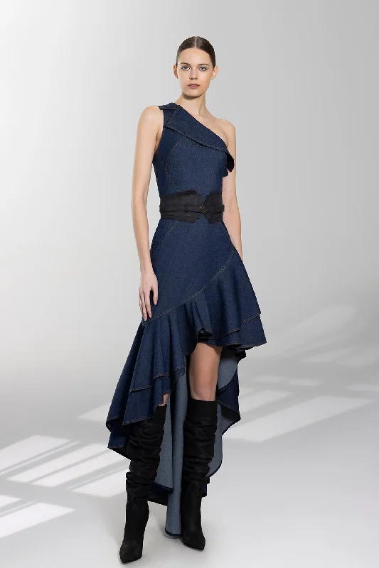 One shoulder pleated denim dress