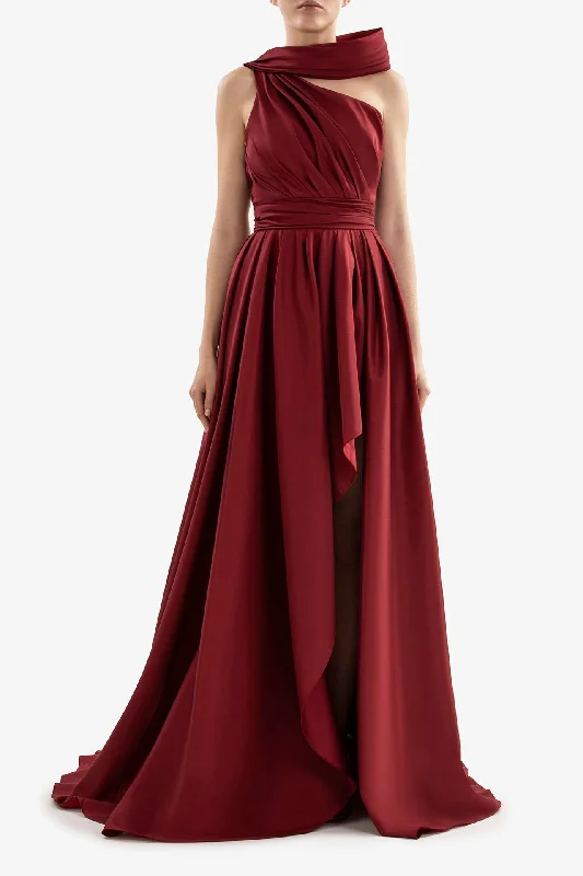 One shoulder taffeta dress with pleated bodice