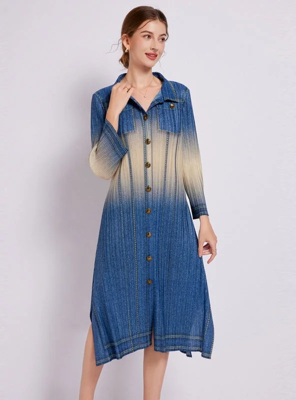 Retro Denim Print Long Sleeve Pleated Dress