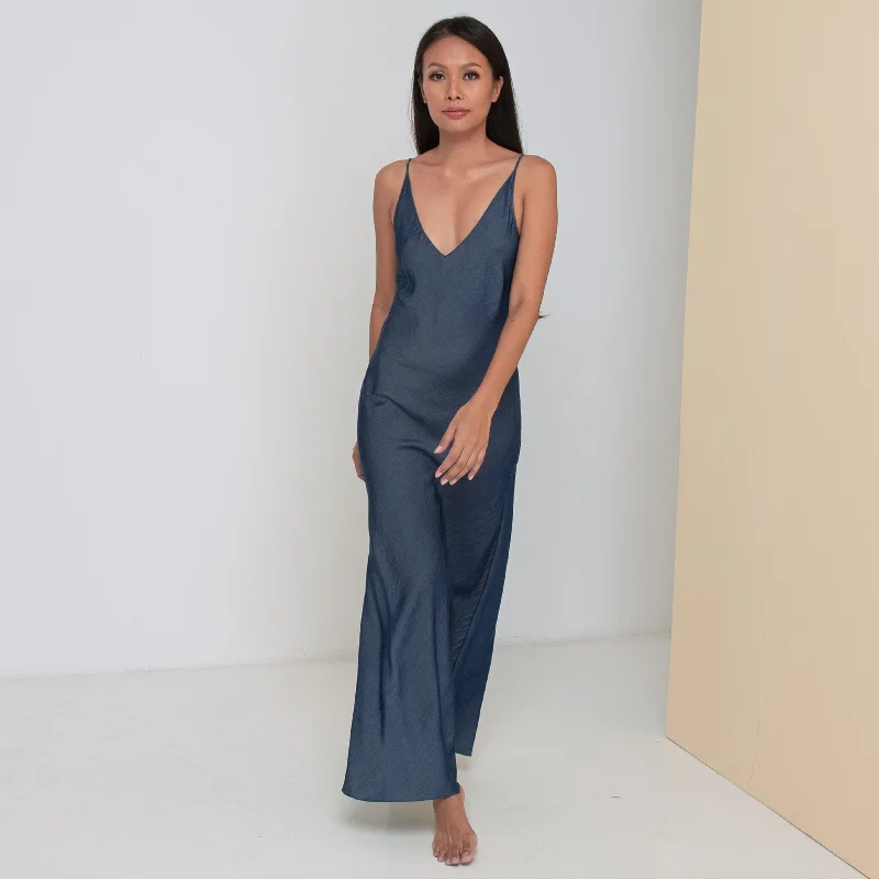 RINKI V LONG SLIP DRESS - Tencel Denim | Blue