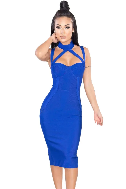 Royal Blue High Neck Hollow-out Bandage Dress