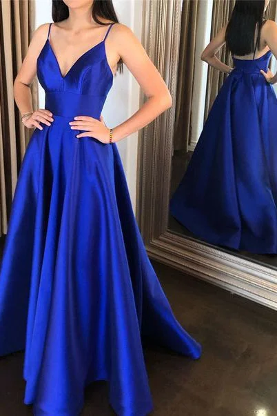 Royal Blue Spaghetti Straps V-Neck Floor Length Satin Prom Dresses N2669