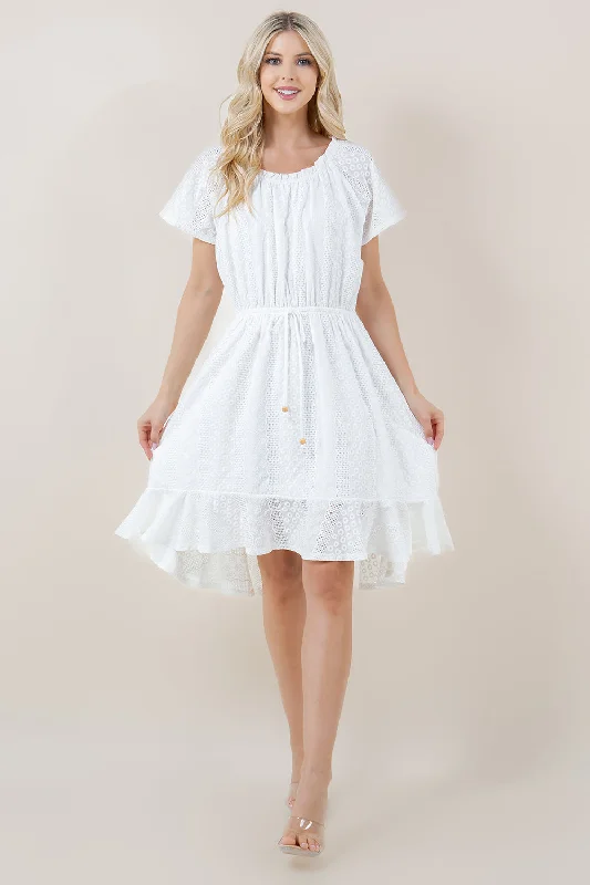 S/SLV RUFFLE HEM ELASTIC WAIST HI LOW PEASANT DRESS  - D9018-EYELET