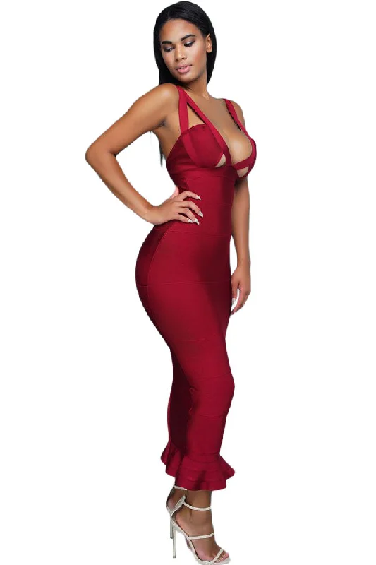 Sexy Burgundy Fishtail Luxe Bandage Dress