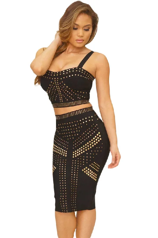 Sexy Studded Black Leatherette 2pcs Bandage Dress