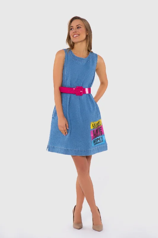 Sleeveless Denim Dress with Belt, Letter Print and Back Zipper