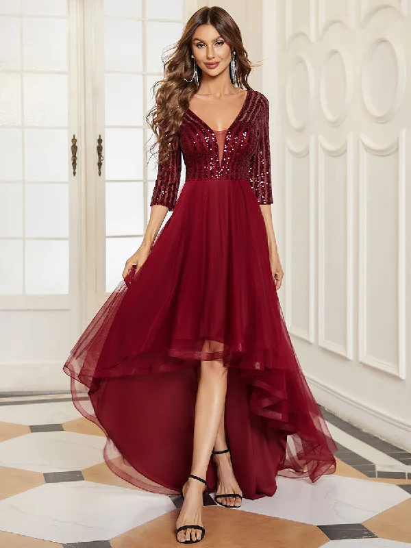 Sparkly Deep V Neck Asymmetrical Hem Wholesale Evening Dresses