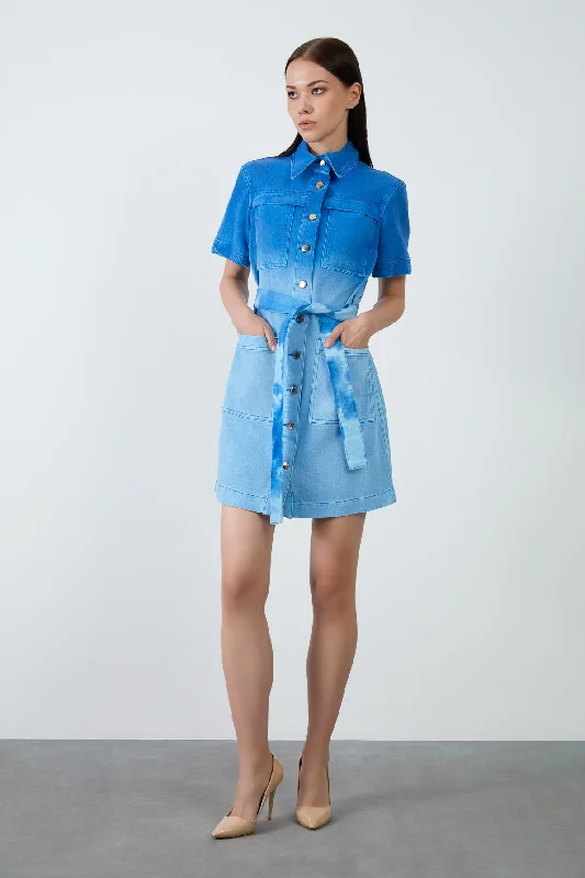 Tie dye Wash Short Denim Dress with 4 Pockets Gold Button Detail and Belt