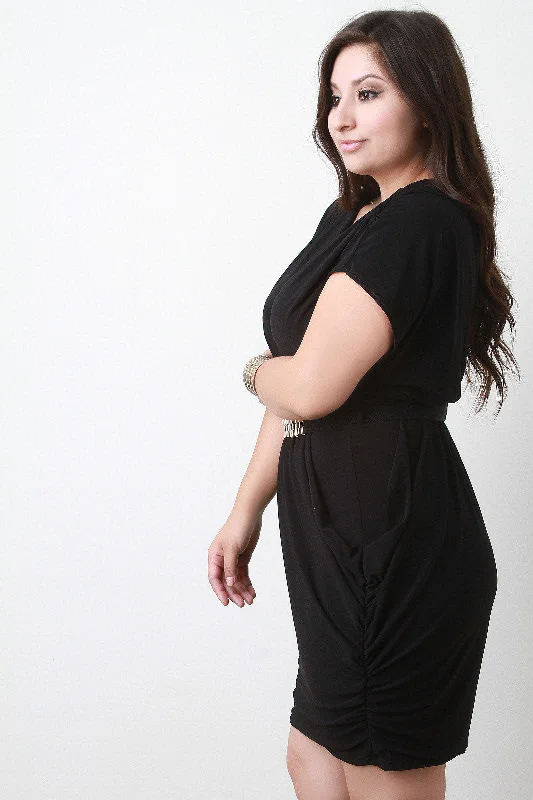 Ruched Surplice Dress With Belt