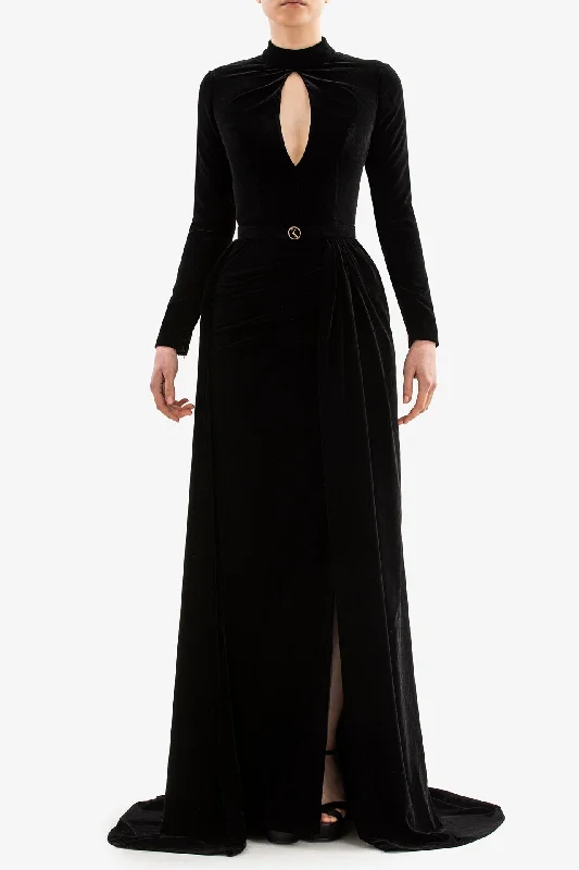 Velvet gown with cutout and train