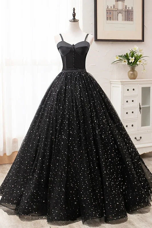 Spaghetti Straps Ball Gown Black Princess Prom Dresses