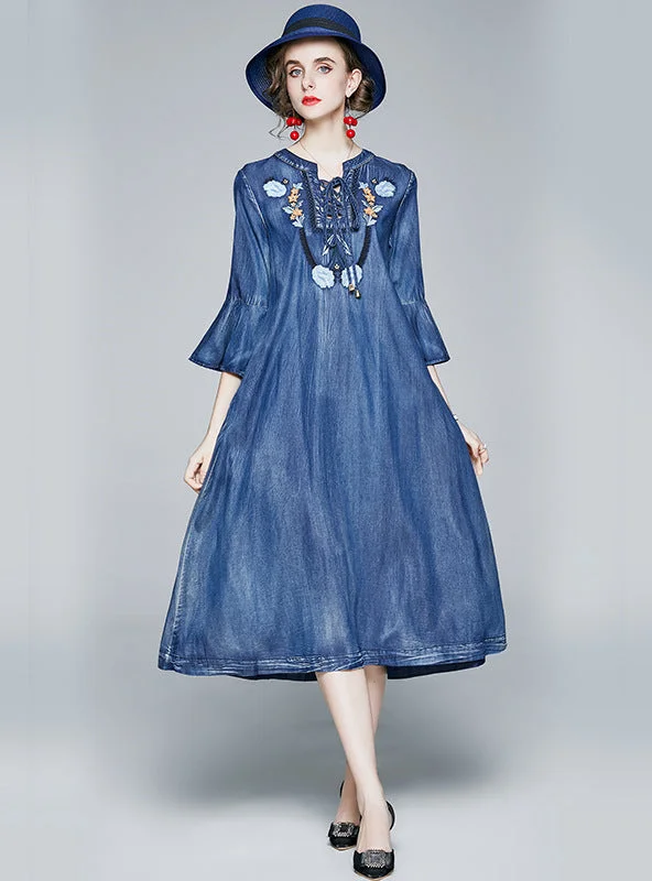 3/4 Sleeve Loose Embroidered Denim Dress