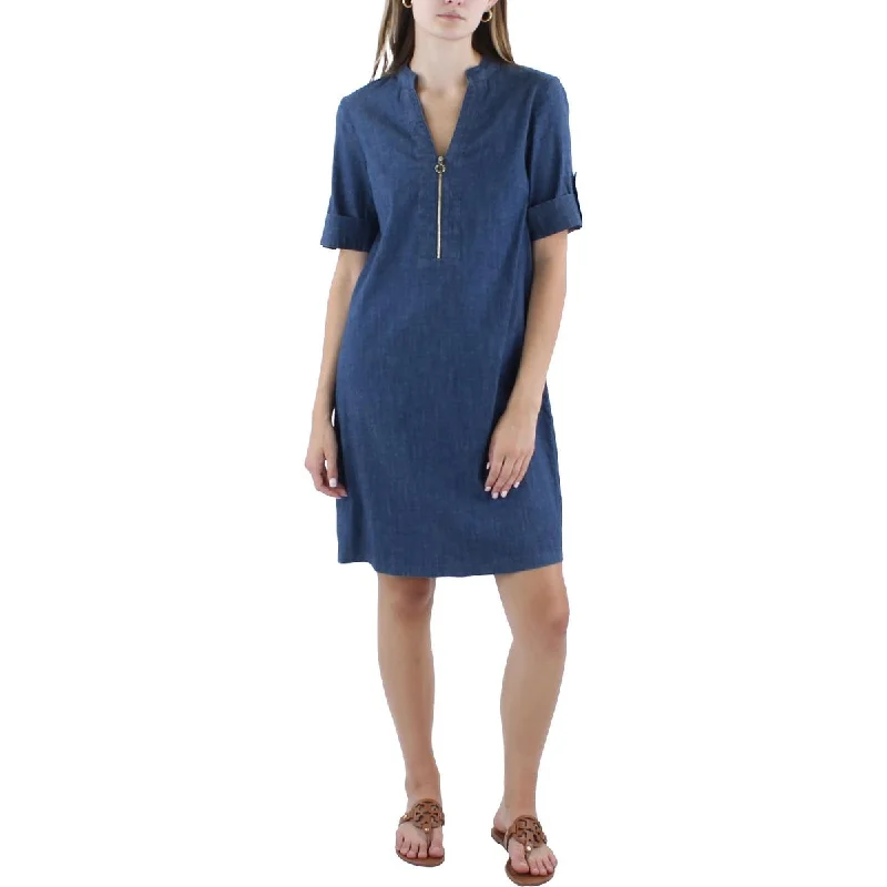 Anne Klein Womens Zipper Denim Shift Dress