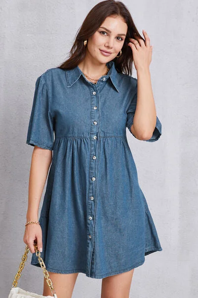 Blue Zone Planet |  Button Up Collared Neck Tiered Denim Dress