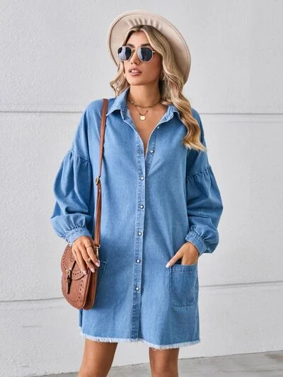 Blue Zone Planet |  Button Up Pocketed Raw Hem Denim Dress