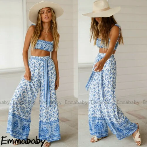 Boho Two Piece Set Top And Pants Women Ladies Clubwear Summer Playsuit Bodycon Party Jumpsuit Romper Trousers Women Sets