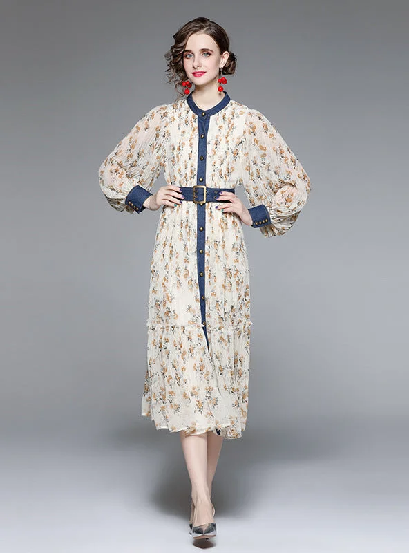 Bubble Sleeve Denim Stitching Print Dress