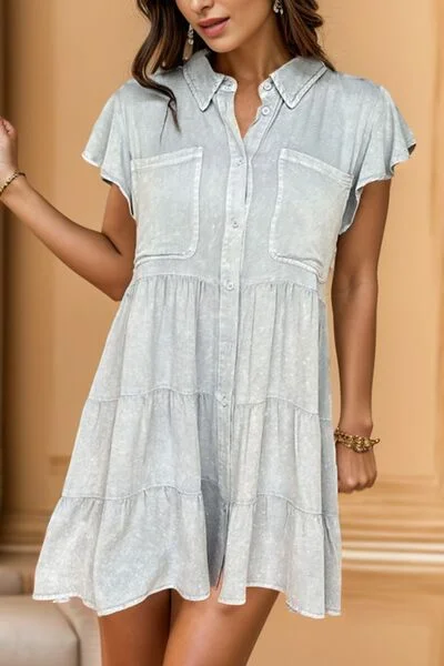 Blue Zone Planet |  Button Up Cap Sleeve Denim Dress