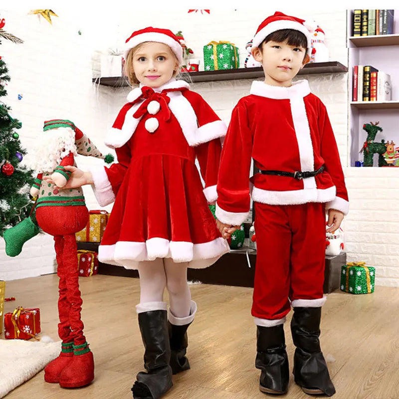 Child Christmas Dress Santa Claus Costume Baby X-Mas Clothing Outfit Set Dress/Pants Tops Hat Cloak Belt For Boys Girls Kids