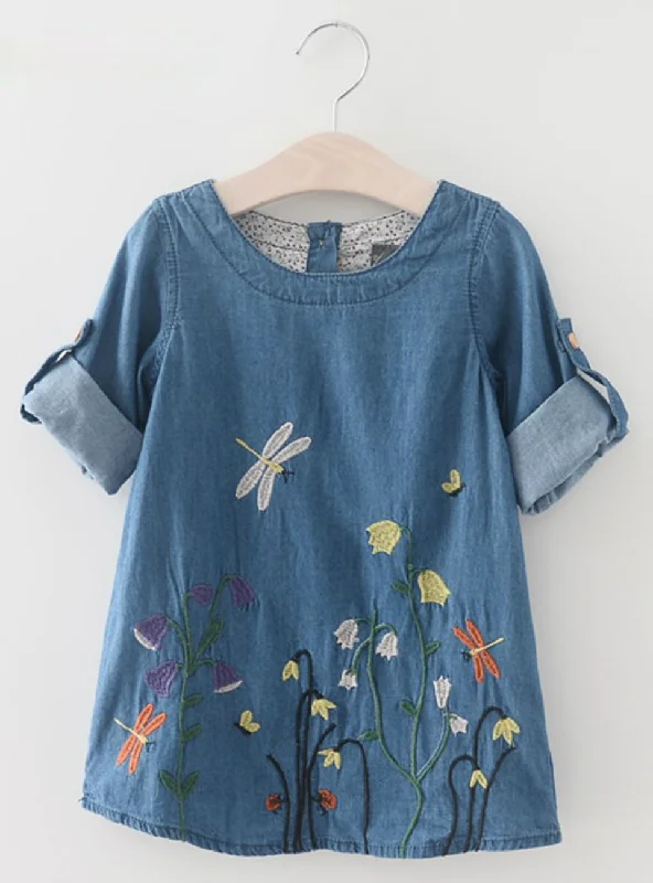 Denim Dress Girls Clothes Butterfly Embroidery Dress