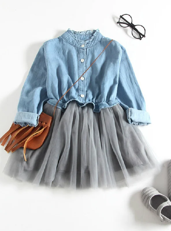 Denim Mesh Patchwork Girl Dress Long Sleeve