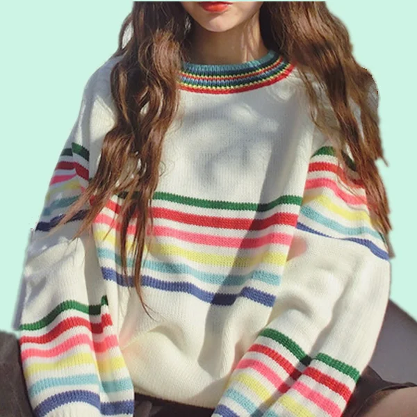 Korean Rainbow Striped Kint Sweater College Trendy Pullover YV5090