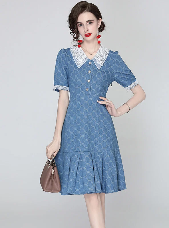 Lace Doll Collar Short Sleeve Denim Dress