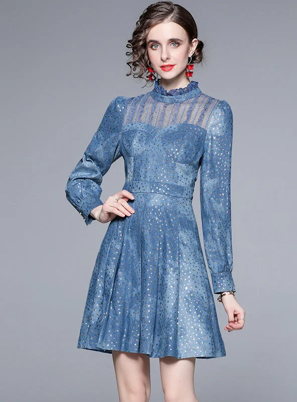 Long Sleeve Perspective Mesh Stitching Denim Dress