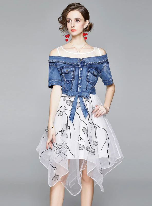 Organza Stitching Denim Dress