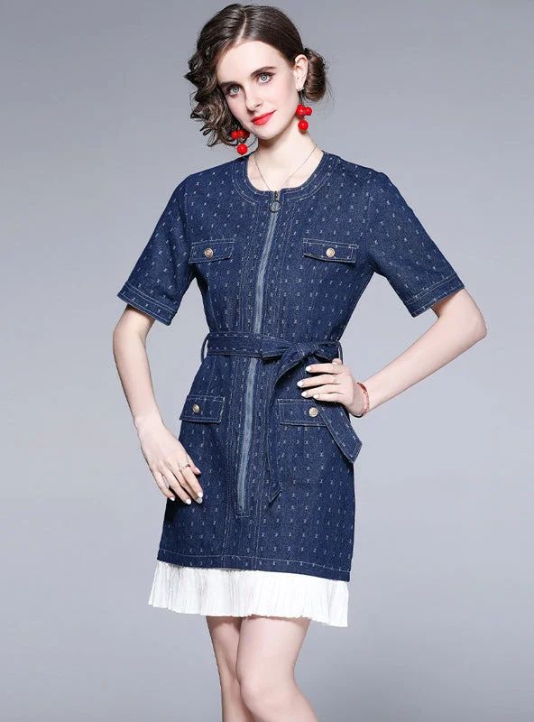 Retro Crewneck Pleated Stitching Denim Dress